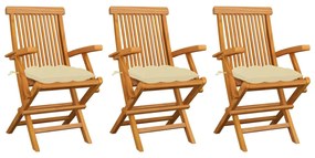 vidaXL Cadeiras de jardim c/ almofadões branco nata 3 pcs teca maciça