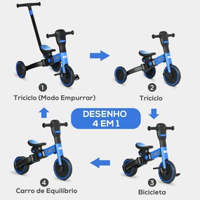 Triciclo Infantil 4 em 1 Triciclo Evolutivo para Crianças acima de 18 Meses com Guiador Ajustável e Desmontável Estrutura de Liga de Alumínio Carga Má