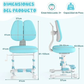 Cadeira de escritório para crianças com encosto duplo ajustável, apoio para os pés, altura e profundidade do assento ajustáveis azul