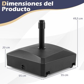 Base para guarda-sol recheável com água e areia, com rodas, 2 travões e 2 adaptadores para postes de 36/38/48 mm, com capacidade para 80 kg, para jard