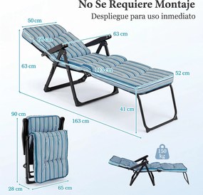 Espreguiçadeira de Exterior Dobrável, 163 x 52 x 63 cm, Encosto e Apoio para os Pés Ajustáveis, Azul + Branco