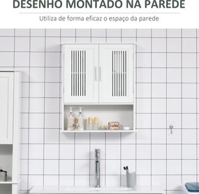 Armário de Parede Casa de Banho com Armazenamento 2 Portas em Ripas Prateleira Ajustável e Compartimento 60x20x70 cm Branco