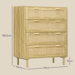 Cómoda com 4 gavetas 90 x 45 x 108,5, móvel de arrumação com frente em rattan trançado, estilo boémio acabamento em madeira clara