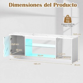 Móvel de TV, 148 x 35 x 52,5 cm, Iluminação LED com Comando à Distância, Branco