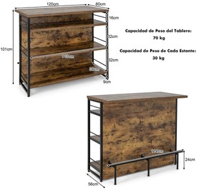 Mesa de bar alta Armário de bar de cozinha 4 níveis com 3 Estantes Prateleiras para vinhos Ilha de cozinha 120 x 60 x 101 cm Castanho