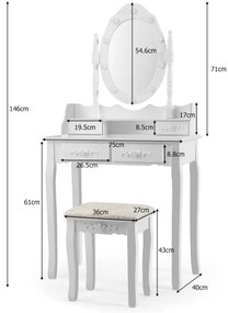 Conjunto de Toucador com Espelho Oval e 10 Lâmpadas LED Pernas em Madeira de Pinho e Almofadas Antiderrapantes Branco 75 x 40 x 146 cm Branco