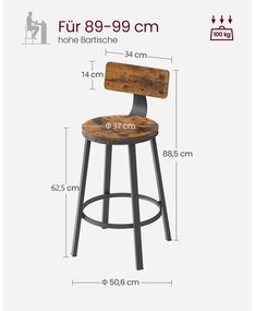 Conjunto de 2 bancos de bar 50,6 x 88,5 cm (Ø x H) Castanho Vintage-preto