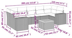 8 pcs conjunto sofás de jardim c/ almofadões vime PE cinzento
