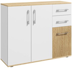 HOMCOM Aparador Sala de Estar Moderno com 2 Gavetas 2 Armários e Prateleiras Ajustáveis 90x30x75,5 cm Branco e Madeira | Aosom Portugal