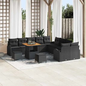Conjunto de Sofá de Jardim vidaXL de 13 Peças com Almofadas Preto Rattan PE Acácia