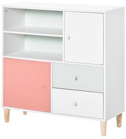 HOMCOM Móvel Infantil Cómoda para Crianças com 2 Compartimentos 2 Gavetas e 2 Armários para Armazenamento de Livros Brinquedos Roupa 80x30x85cm Coral Verde Menta Branco