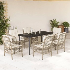 7 pcs conjunto de jantar p/ jardim com almofadões vime PE bege