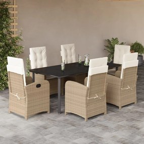 7 pcs conjunto de jantar p/ jardim com almofadões vime PE bege