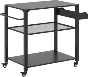 Carrinho de Apoio para churrasqueiras de 3 Níveis com 4 Rodas Prateleiras Mesa de Apoio para Forno de Pizza 105x50x79 cm Preto