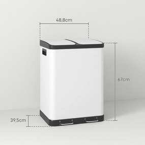 Caixote do lixo de cozinha 2 x 30 L com pedal em aço inoxidável, 2 compartimentos, tampa com fecho suave, 60 L, branco