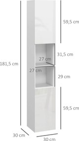 Coluna para casa de banho 30 x 30 x 181,5 cm com 2 portas e prateleiras ajustáveis, branco
