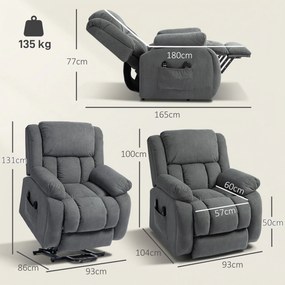 Poltrona elevatória elétrica com massagem e aquecimento, apoio para os pés, encosto reclinável, comando à distância e bolso lateral cinzenta