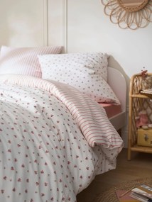 Conjunto capa de edredon + fronha de almofada, com algodão reciclado, Flores & Riscas estampado rosa