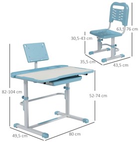 Conjunto de Secretária e Cadeira para Crianças com Altura Ajustável e Ângulo da Mesa Ajustável 80x49,5x82-104 cm Azul