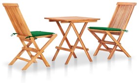 vidaXL Conjunto bistrô c/ almofadões verdes 3 pcs teca maciça