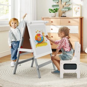 Cavalete infantil reversível 55 x 48 x 75-94 cm com cadeira ajustável com quadro negro e Quadro branco e Porta-papel Cinzento