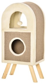 PawHut Arranhador Gatos 2 Níveis Caverna Sisal Natural Pelúcia Teto Arqueado Bola Brincar 4 Pés Madeira 40x34x91cm Bege Marrom Claro | Aosom Portugal