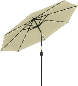 Outsunny Guarda-sol LED Solar Ø265x233cm Chapéu Sol Inclinável com Manivela Mastro Aço Iluminação Noturna Jardim Praia Bege | Aosom Portugal