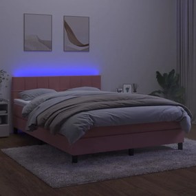 Cama box spring c/ colchão/LED 140x200 cm veludo rosa