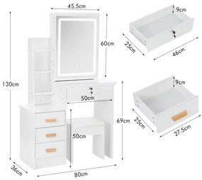 Toucador Portugal com Espelho LED Deslizante – 80x30x130 cm – 4 Gaveta
