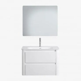 Conjunto De Móvel De Casa De Banho Suspenso Em Madeira Com Lavatório Integrado Egerton Branco & Led Retangular E Anti-embaciamento 80x70 Cm - Sklum