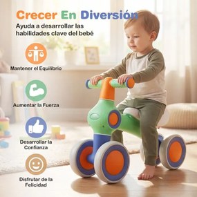 Bicicleta de equilíbrio para crianças com 4 rodas, montagem rápida, assento ajustável 1-3 anos, Verde