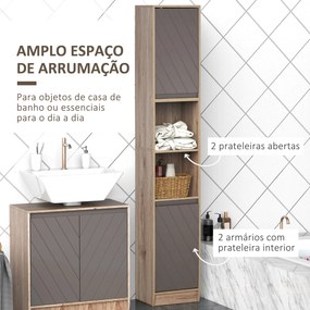 Armário Alto para Banheiro com 2 Portas e 2 Prateleiras Abertas Móveis Auxiliares para Sala de Estar Corredor 30x24x170 cm Carvalho e Cinza