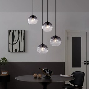 Candeeiro suspenso Art Deco preto com vidro fumado redondo 4 luzes - Bao