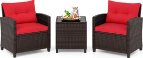 Conjunto de 3 Peças de Bistró Exterior com 2 Cadeiras e Mesa Auxiliar, 67 x 64 x 77 cm, Rattan PE Entrançado à Mão, Castanho e Vermelho