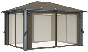 Gazebo c/ cortinas e cordões luzes LED 4x3 m alumínio cinza-ac.