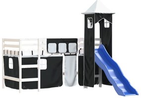 Cama alta criança c/ torre 80x200 cm pinho maciço branco/preto