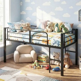 Cama Criança 198,5 x 96 x 88 cm tipo alta (COLCHÃO NÃO INCLUIDO) com baixa estrutura metálica com grades de segurança e 2 escadas com degraus metálico