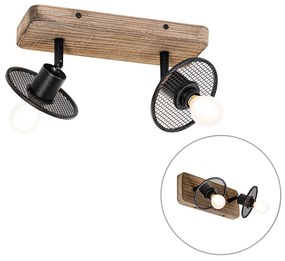 Candeeiro de teto industrial preto com madeira 2 luzes - Jasmine Industrial