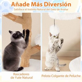 Torre para gatos em madeira maciça de pereira 50 x 90 cm (diâmetro x altura) com plataforma, bola suspensa e postes para arranhar brancos