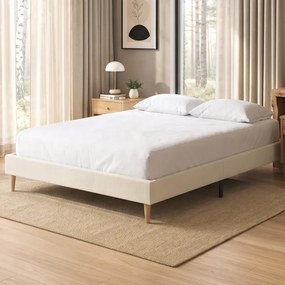 Estrutura de Cama de Casal, 191 x 142 x 31 cm (COLCHÃO NÃO INCLUIDO), Estofada em Veludo Cotelê, Creme