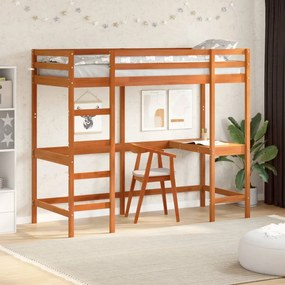 Cama alta c/ secretária 80x200 cm pinho maciço castanho-mel