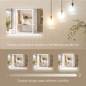 Armário de Casa de Banho com Espelho LED, Tomada Integrada, 3 Portas, Antiembaciamento e Prateleiras Ajustáveis em Vidro Temperado, Branco