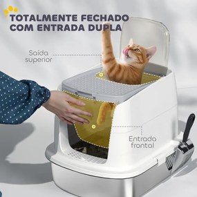 Caixa de Areia para Gatos em Aço Inoxidável L com Tampa Rebatível Pá Metálica Saco Desodorizante Fácil de Limpar Branco