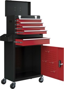 Armário de ferramentas com fechadura e rodas, com 5 gavetas e porta, com rodas, para a oficina e para casa, vermelho