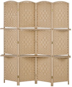 Biombo de 4 Painéis 160x170 cm Separador de Ambientes Dobrável com 2 Prateleiras de Exibição para Escritório Quarto Natural