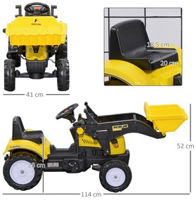 HOMCOM Trator a Pedal para Crianças acima de 3 Anos Trator Escavadora Infantil com Pá Dianteira Veículo a Pedais Carga Máxima 35 kg 114x41x52 cm Amarelo e Preto