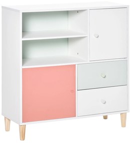 HOMCOM Móvel Infantil Cómoda para Crianças com 2 Compartimentos 2 Gavetas e 2 Armários para Armazenamento de Livros Brinquedos Roupa 80x30x85cm Coral Verde Menta Branco