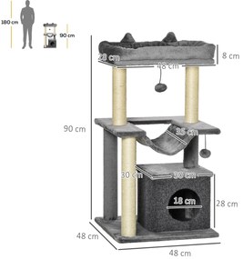 PawHut Arranhador para Gatos Altura 90 cm Torre para Gatos de 3 Níveis