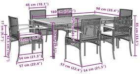 7 pcs conjunto de jantar p/ jardim c/ almofadões vime PE cinza