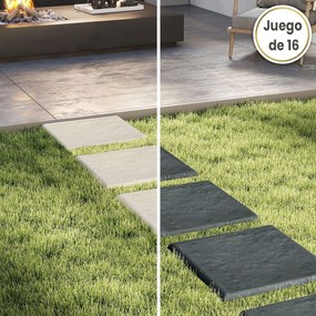 Conjunto de 16 ladrilhos jardim de 39,5 x 39,5 cm em PP com estacas de fixação e pedras decorativas para passadiços de jardim, pavimentos exteriores,